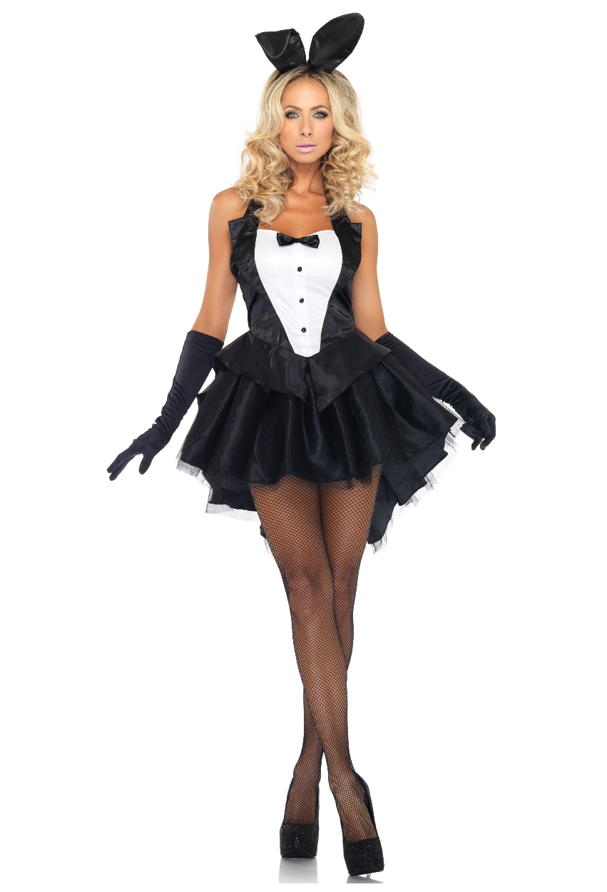Blonde Bunny Girl wearing Black Fishnet Pantyhose, High Heels and Black Short Pleated Dress